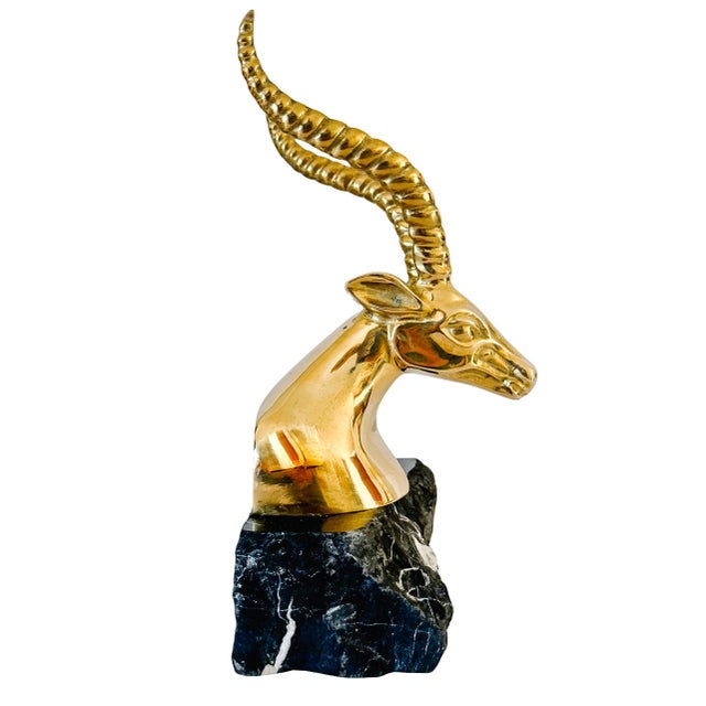 1970s Hollywood Regency Brass Gazelle / Antelope Head Bookends on Raw Edge Marble Bases - A Pair For Sale - Image 4 of 12