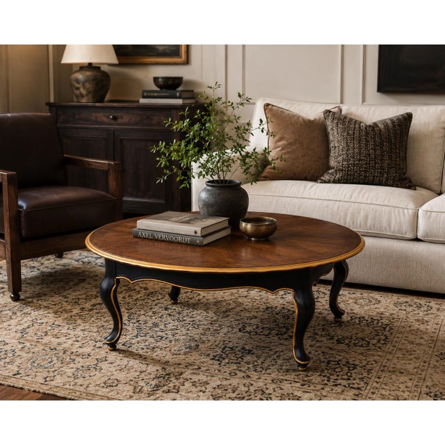 A dramatic reimagining of a classic French Provincial oval coffee table, this piece has been refinished in a sophisticated...