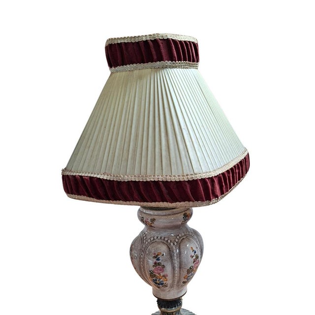 Baroque Vintage Hand-Painted Ceramic and Bordeaux Velvet Table Lamp, 1960 For Sale - Image 3 of 18