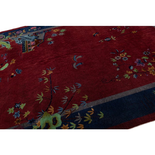 8 X 10 Antique Handmade Chinese Art Deco Wool Rug in Red With Traditional Design For Sale In New York - Image 6 of 12