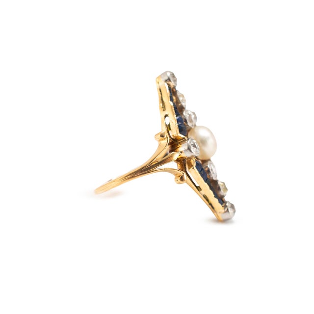 Modern Art Nouveau Platinum 18k Gold 1.77ctw Pearl Sapphire Diamond Navette Ring, Size 4.25 For Sale - Image 3 of 8