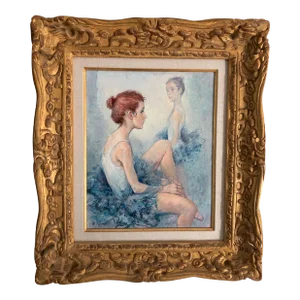Vintage Original French Blue Ballerinas Oil on Canvas Painting by Antonio Gonzalez Collado