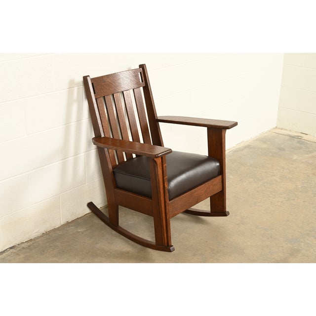 Stickley Charles Stickley Antique Mission Oak Arts & Crafts Cutout Rocking Chair, Newly Restored For Sale - Image 4 of 13