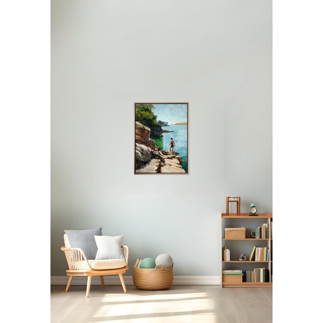 Contemporary Contemporary Into the Reflections by Jon Doran | Oil on Panel Swimmer on Sunlit Rocks by the Sea For Sale - Image 3 of 9