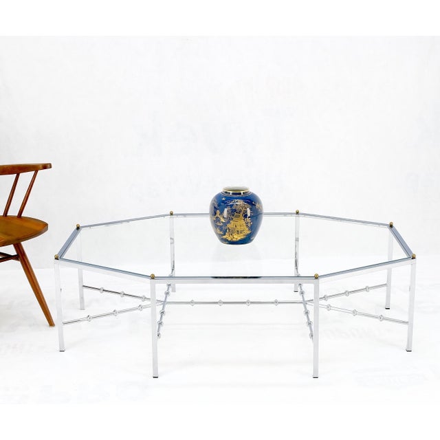 1970s Faux Bamboo Chrome Glass Top Brass Balls Finials Elongated Hexagon Coffee Table For Sale - Image 5 of 12