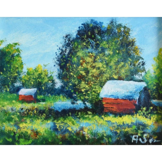 Red Cottages & Lush Landscape Oil Painting W/ Antiqued Gold Wood Frame For Sale - Image 4 of 10