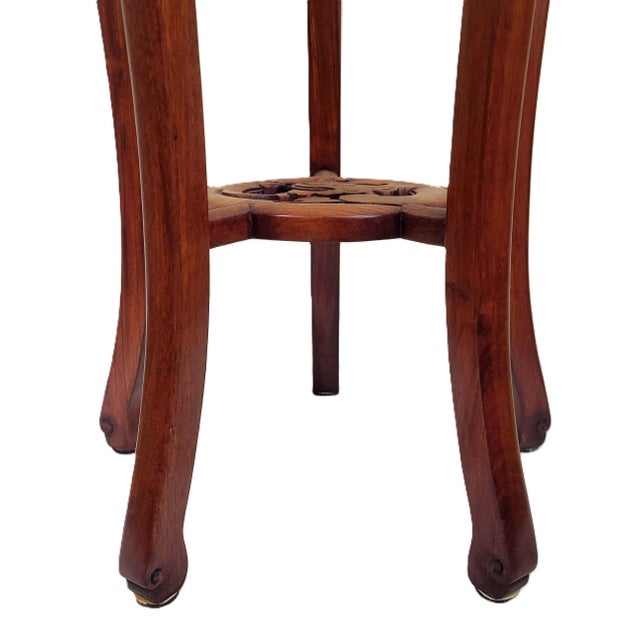 Pair Vintage Chinese Bamboo Carved Hardwood & Marble Top Plant Stand Pedestals For Sale - Image 16 of 18