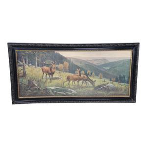Antique Carl Zimmermann German Elk Hunting Landscape Print Carved Framed 53"