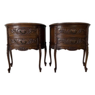 Pair of French Rococo Carved Walnut Demilune Nightstand With Marble Top For Sale