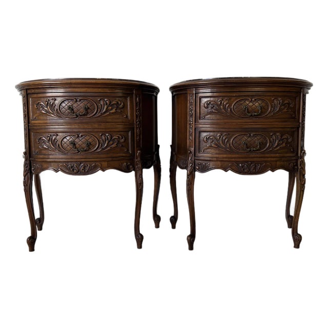 Pair of French Rococo Carved Walnut Demilune Nightstand With Marble Top For Sale