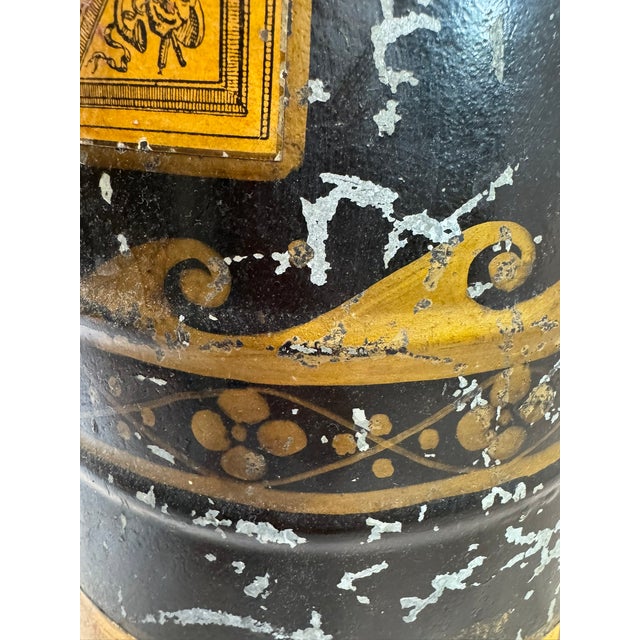 Antique English Tole Coal Helmet Scuttle | Beldray Maker's Mark, Gilt Neoclassical Decoration | 24in Tall For Sale - Image 11 of 12