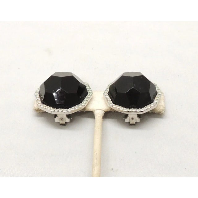 Black Vintage 1980s Signed Les Bernard Faceted Faux-Onyx & Clear Rhinestone Clip Earrings - 2 Pieces For Sale - Image 8 of 8