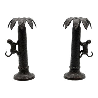 Pair of Vintage Cast Metal Palm Tree & Climbing Monkey Candlesticks For Sale