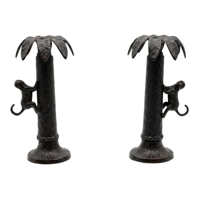 Pair of Vintage Cast Metal Palm Tree & Climbing Monkey Candlesticks For Sale