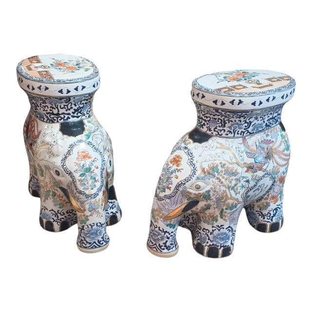 Vintage Pair of Hand-Painted Ceramic Asian Elephant Plant Stands For Sale