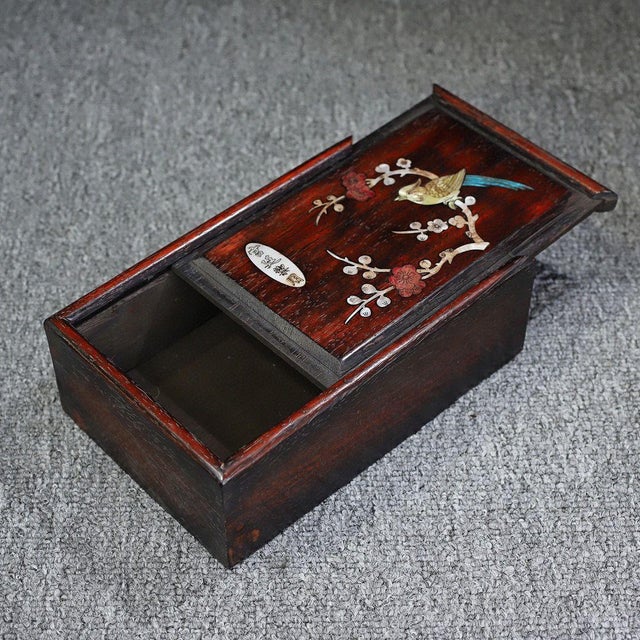 Vintage Chinese Huali Wood Jewelry Box With Mother of Pearl Bird & Flower Inlay For Sale - Image 9 of 9
