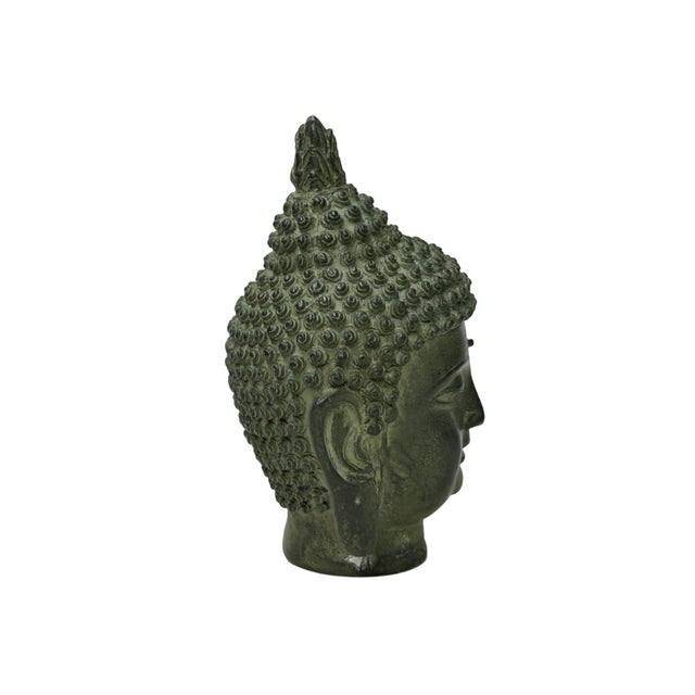 6" Vintage Green Bronze Patina Metal Finish Rustic Buddha Head Display Figure For Sale - Image 4 of 8