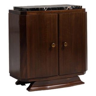1930-1939 France Rich Walnut Brown Art Deco Marble-Top Bar Cabinet For Sale