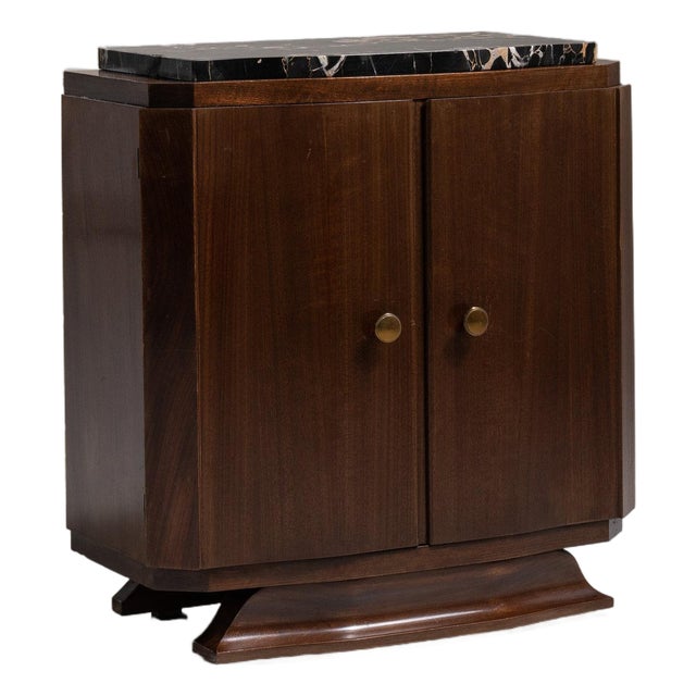 1930-1939 France Rich Walnut Brown Art Deco Marble-Top Bar Cabinet For Sale