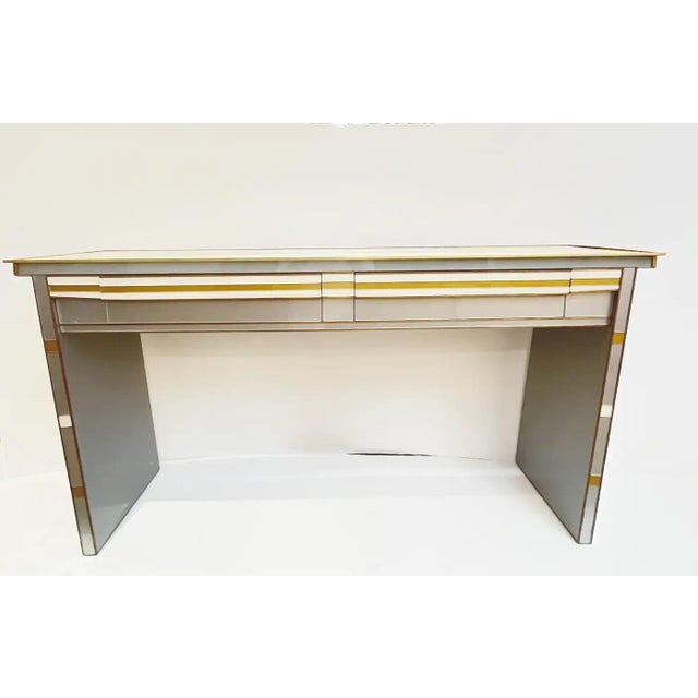 1970s Vintage Italian Art Deco Design Silver White Gold Glass 2-Drawer Console For Sale - Image 4 of 11