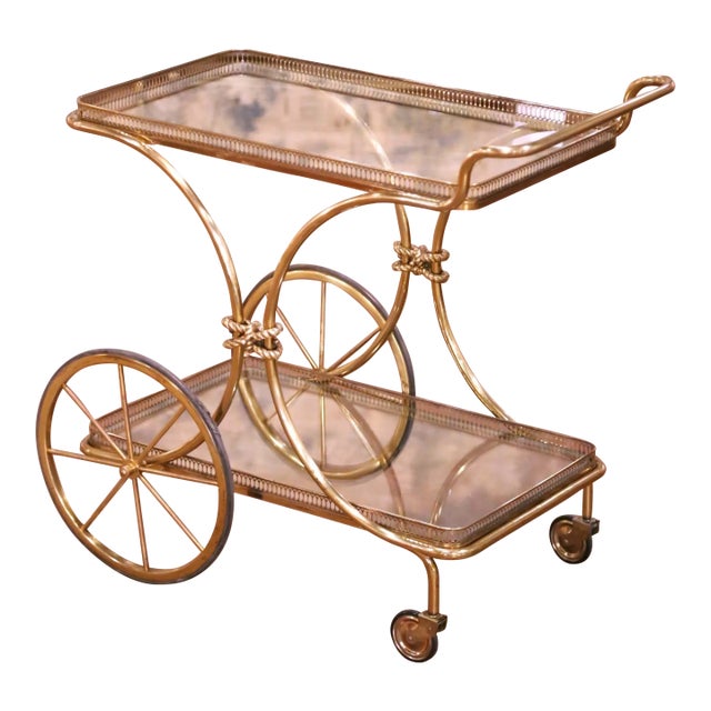 Mid-Century French Gilt Brass Bar Cart With Glass Shelves and Wheels For Sale