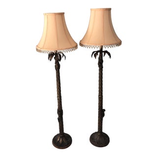 Vintage Monkey With Palm Tree Floor Lamp With Shades - a Pair For Sale