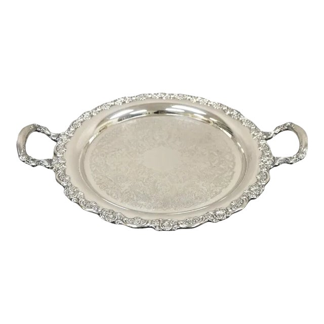 Vintage Oneida Victorian Style Round Silver Plated Serving Platter Tray With Handles For Sale