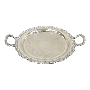 Vintage Oneida Victorian Style Round Silver Plated Serving Platter Tray With Handles