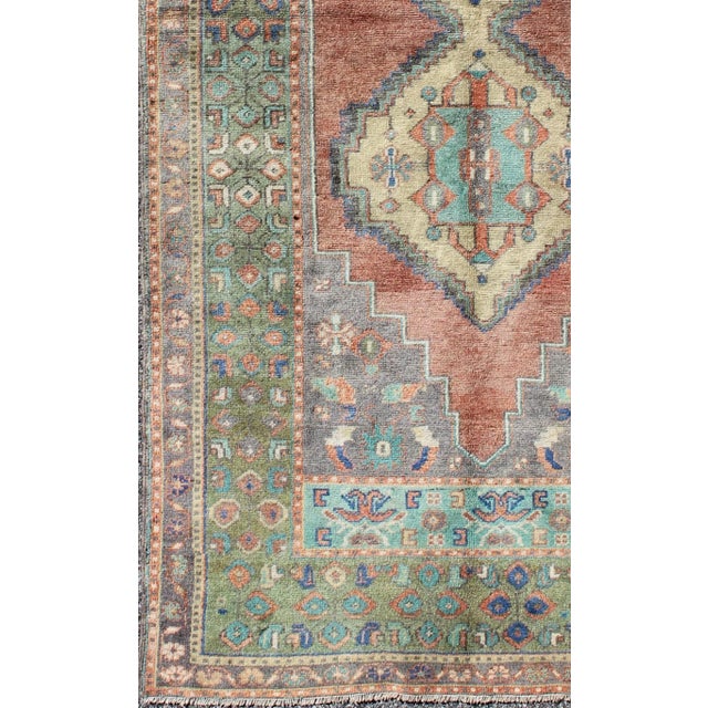 Traditional Mid 20th Century Green and Orange Turkish Oushak Rug Vintage Dual Diamond Medallions For Sale - Image 3 of 8