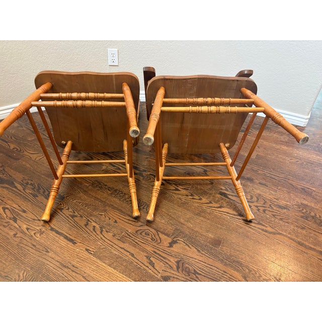 Vintage Carved Solid Oak Pressed-Back Dining Chairs – Captain & Side Chair Pair For Sale - Image 9 of 9