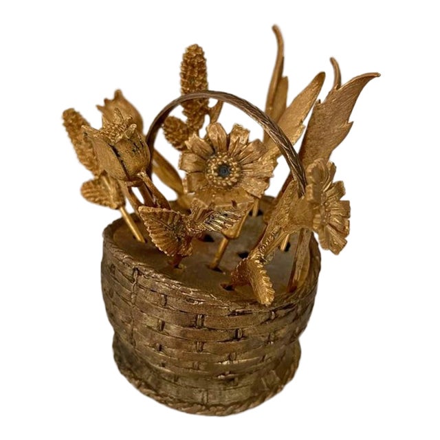 Vintage Brass Hors d'Oeuvre Flower Basket Forks Set- 10 Pieces For Sale