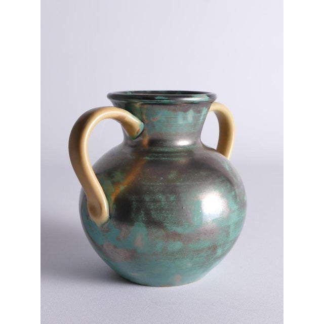 1930s Green Ceramic Vase with Yellow Handles by Anna-Lisa Thomson for Upsala Ekeby, 1930s For Sale - Image 5 of 17