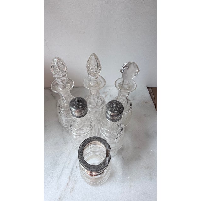 19th Century Victorian Era Castor or Cruet Set 6 Decanters and Silver-Plated Holder With Central Handle For Sale In Greensboro - Image 6 of 18