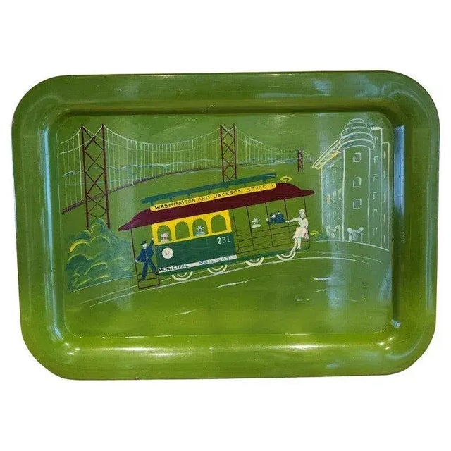 Green Mid 20th Century Hand Painted Green Serving Tray San Francisco Cable Car Railway For Sale - Image 8 of 8