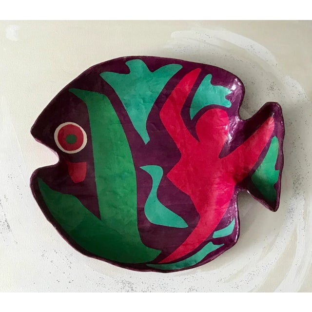 Purple and Green Papier Mache Green and Red Fish Plate For Sale - Image 4 of 4