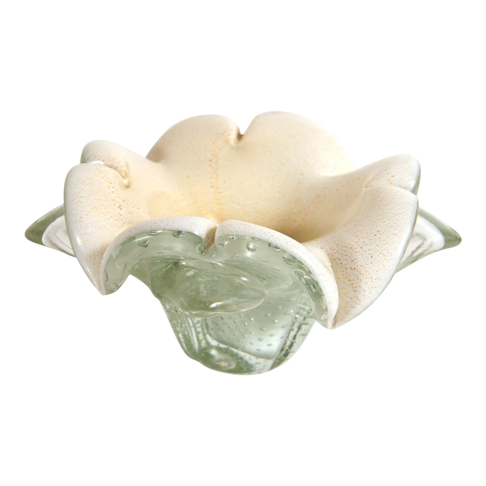 Vintage Murano Art Glass White & Gold Fleck Sommerso Flower Bowl
