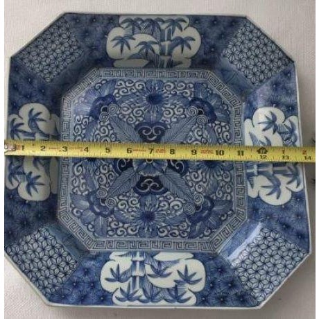 Antique Japanese Blue & White Octagonal Plate With Floral and Bamboo Motifs For Sale - Image 10 of 18