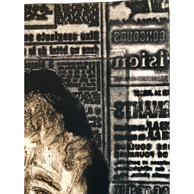 Zvi Milshtein, Portrait of Woman on Typeface French Jewish Surrealist Aquatint Etching Judaica, c.1960s For Sale - Image 4 of 7