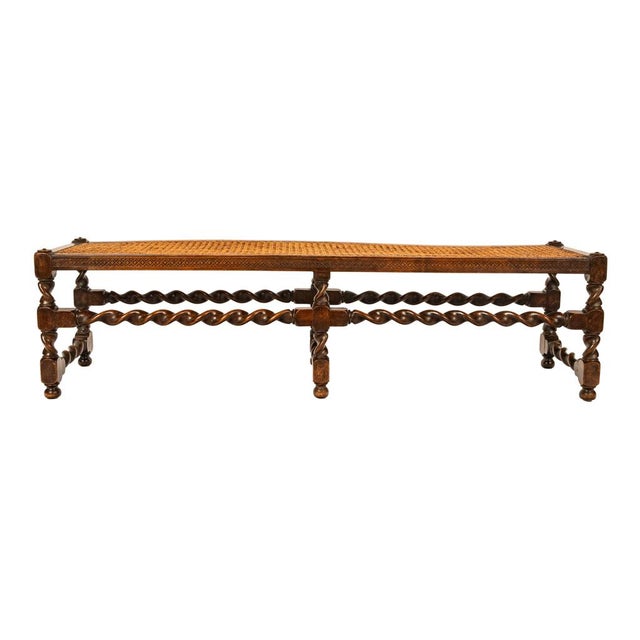 Antique English Jacobean Carved Walnut Barley Twist Caned Long Bench Seat 1880 For Sale - Image 12 of 17