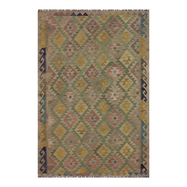 Caucasian Kilim Lt. Brown Blue Wool Rug - 5'6" X 7'10" For Sale