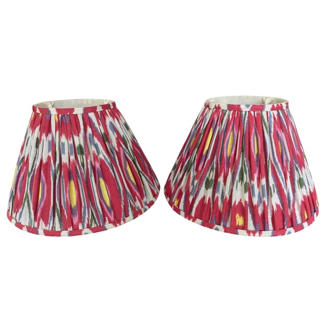 Red Multicolor Ikat Pleated Lampshades 12" - A Pair For Sale - Image 8 of 10