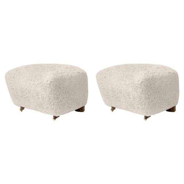 White Set of Moonlight Smoked Oak Sheepskin the Tired Man Footstools by Lassen For Sale - Image 8 of 8