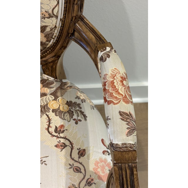 Vintage Louis XVI Style Carved Wood Fauteuil Armchairs in Floral Chinoiserie Upholstery - A Pair For Sale - Image 15 of 18