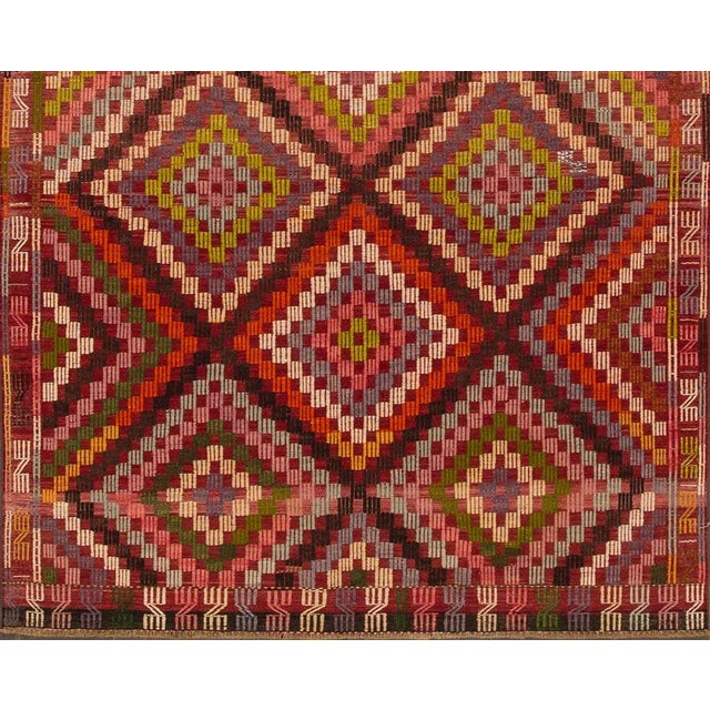 Turkish Vintage Turkish Kilim Handmade Pink Geometric Wool Rug For Sale - Image 3 of 5