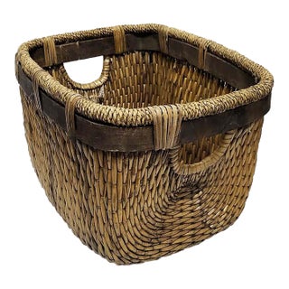 Large Rustic Woven Rattan Market Basket With Handles For Sale