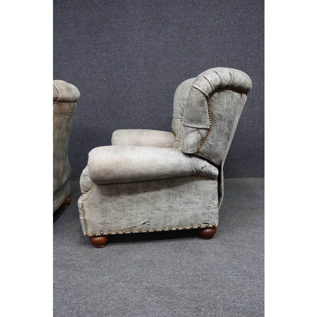 Pair of Leathercraft Inc. Distressed Gray Tufted Leather Recliner Club Chairs For Sale - Image 11 of 18