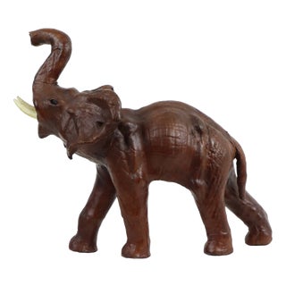 Vintage Brown Leather Elephant with Tusks For Sale