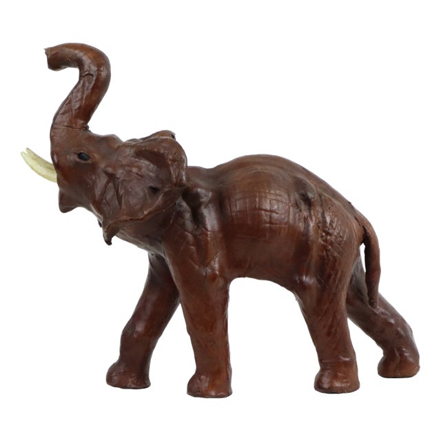 Vintage Brown Leather Elephant with Tusks For Sale