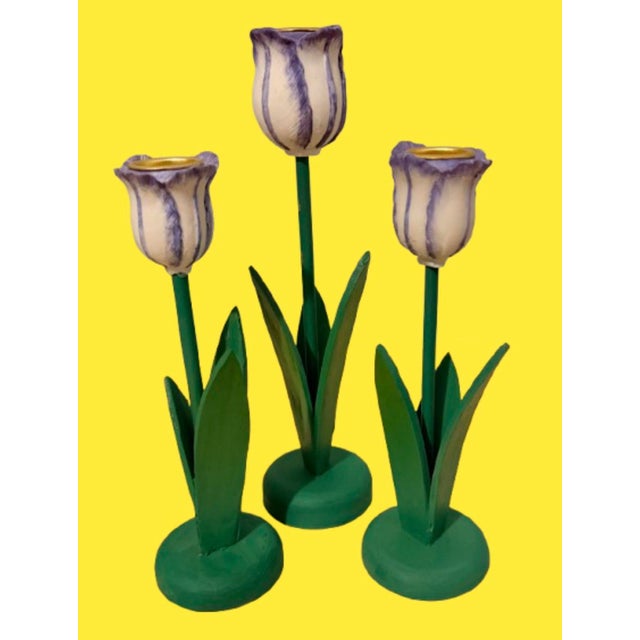 A vintage set of 3 carved wood tulips candles holders, made for Lord & Taylor circa 1980s - 1990s A fun touch for any...