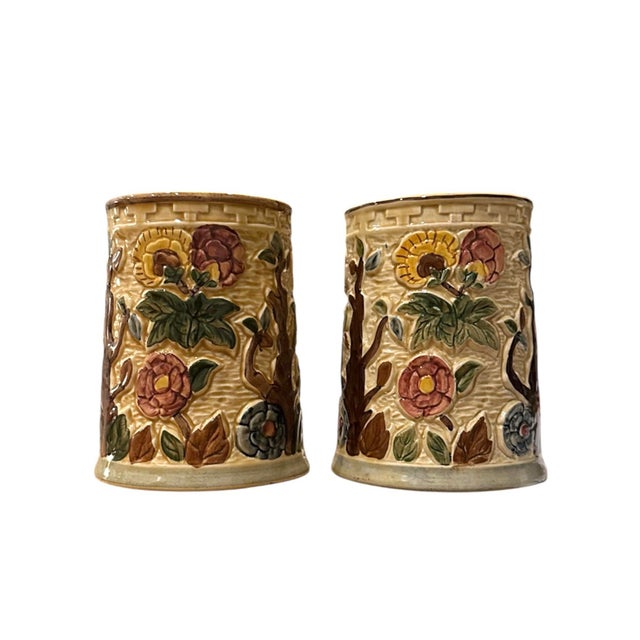 A beautiful pair of Staffordshire pottery mugs. Features hand painted mugs in the Indian tree pattern. Stamped “Schmid...